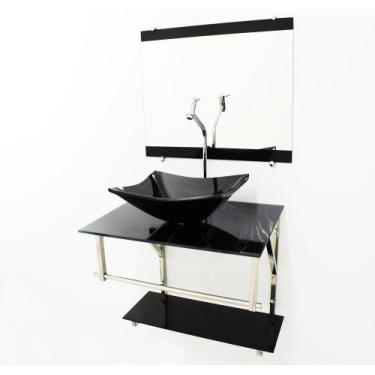 Imagem de Kit gabinete banheiro 60cm iq inox com cuba retangular  mármore preto 