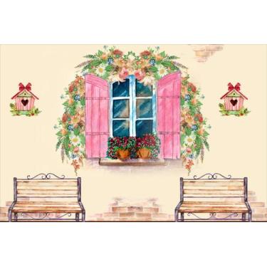 Imagem de Painel de Lona Cenário Janela Rosa Florida Aquarela - 300x200cm - Fabr