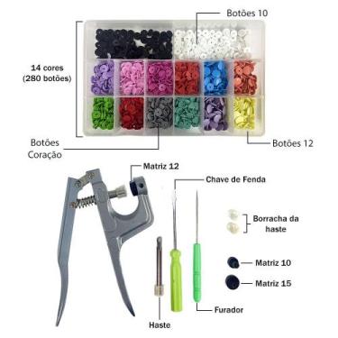Imagem de 280 Botões de Pressão Plástico 10, 12 e Coração + Alicate - ADB
