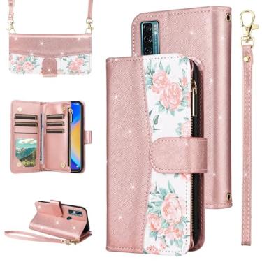 Imagem de Furiet Capa carteira floral para TCL 20 SE 6,82 com fecho de correr, alça de ombro, suporte de cartão de couro PU com glitter de luxo para TCL20SE Android 11 TLC 20SE T6710 6,8 polegadas ouro rosa