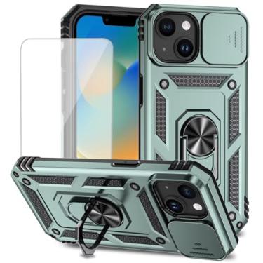 Imagem de Yodueiv Capa para iPhone 15 Plus de 6,7 polegadas, capa para Apple 15 Plus com protetor de tela de vidro temperado e capa de câmera deslizante, anel magnético para carro, capa protetora para Apple