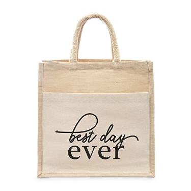 Imagem de WEDDINGSTAR Sacola de juta de tecido médio personalizada com bolso, Best Day Ever, Medium