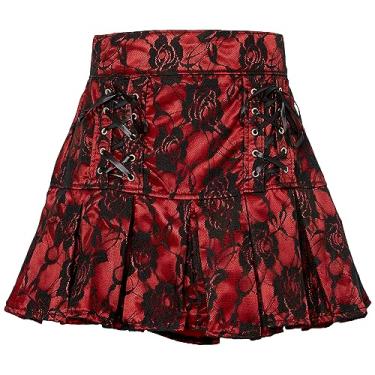 Imagem de Daisy corsets Saia feminina de cetim vermelho com renda preta sobreposta com cadarço, Vermelho/preto, 6X
