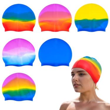 Imagem de Fumwase 6 peças de touca de natação de silicone unissex adulto impermeável boné de natação adulto elastomérico para cabelo longo e curto (6, colorido)