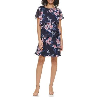 Imagem de Jessica Howard Minivestido feminino floral de chiffon com babados, Azul-marinho multi, 46