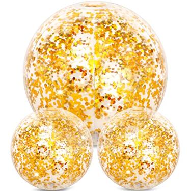 Imagem de Hsei 3 bolas infláveis de praia com glitter, bola de confete flutuante para o verão, praia, piscina e lembrancinhas de festa (dourada)