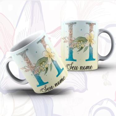 Imagem de Caneca Porcelana Alfabeto Floral Glitter Personalizada Com Inicial E N