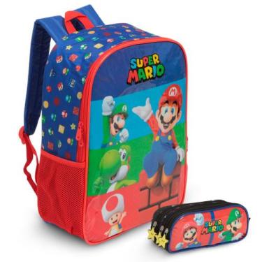 Imagem de Kit Mochila Infantil Masculina Super Mario Costas Cor Azul - Plike