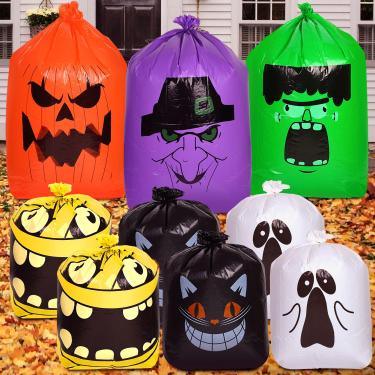 Imagem de 9 peças de sacos de lixo de folha de Halloween, sacos de folhas de Halloween saco de lixo monstro abóbora múmia gato preto Halloween sacos de folhas de quintal com laços torcidos para decorações de