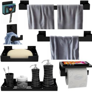 Imagem de Kit Acessórios Banheiro 7 Peças Preto Dupla Fixação SF.ELG - ShopForte