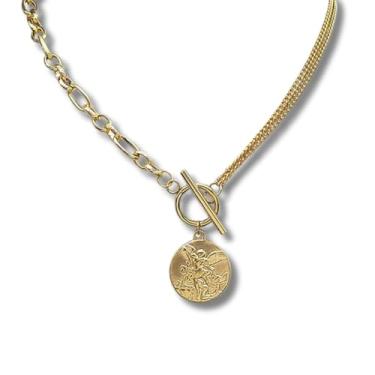 Imagem de Colar Feminino São Miguel Arcanjo "Lex Divina" Banhado a Ouro – Aço Inoxidável com Medalha Religiosa de Proteção Espiritual e Oração – Acompanha Bolsa de Veludo