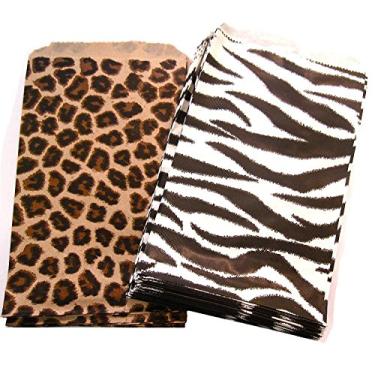 Imagem de 50 sacos de presente de papel simples com estampa de leopardo e zebra, 15 x 23 cm, ou sacos decorativos estampados para doces, biscoitos, mercadorias, canetas, lembrancinhas de festa, chuveiros,