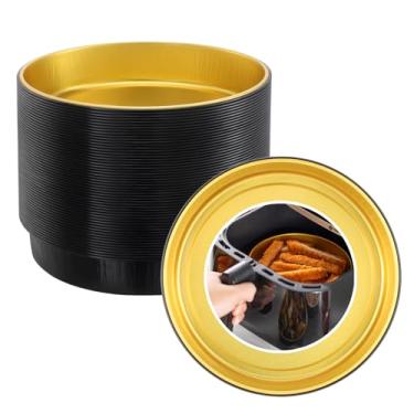 Imagem de MESTAEK Panelas de fritadeira a ar de alumínio descartáveis, pacote com 50, diâmetro de 17 cm, profundidade de 3,5 cm, capacidade de 740 ml, grau alimentício, preto e dourado, espessadas para altas