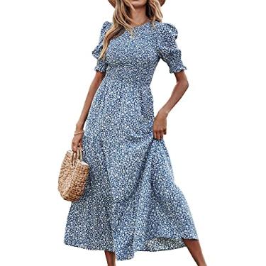 Imagem de BTFBM Vestidos femininos casuais de verão 2025 primavera gola redonda babados manga curta estampa floral vestido maxi boho rodado, Floral azul, branco, M