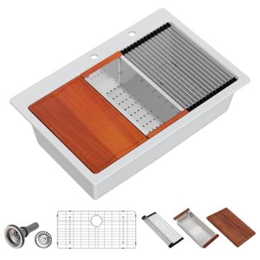 Imagem de Dcolora Pia de cozinha branca composta de granito de 83 polegadas Drop In Single Bowl multifuncional top mount #DC-0002GWT, branco fosco 83,8 cm x 56 cm x 25,4 cm