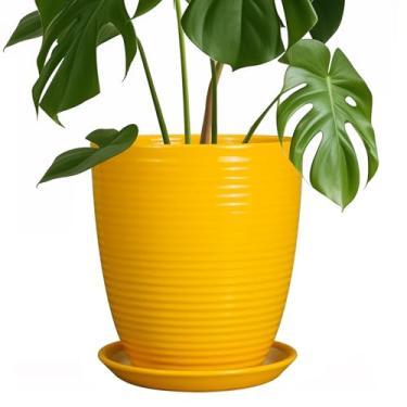 Imagem de EPFamily Vaso de cerâmica - Vaso de 20 cm com orifício de drenagem e pires redondo para plantas internas e externas, vaso de flores para casa, pátio, jardim, escritório, amarelo