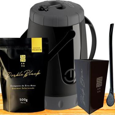 Imagem de Kit Para Tereré Garrafa Lisa Black Erva Mate 500g Copo Cuia Quadrado Acrílico Bomba Clássica Preta (DOUBLE BLACK)