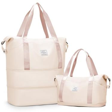 Imagem de Bolsa de viagem expansível para mulheres e homens, bolsa de ginástica grande, bolsa de fim de semana com bolso molhado, bolsa de mão à prova d'água, aprovada por companhias aéreas, Bege, Large