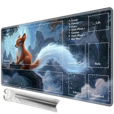 Imagem de JANENFNA Playmat 24" x 14" with Magic Zones for MTG Card Game Playing, Board Game Mat for Card Breaking Commander Deck Gaming Card Game Battles Mat with Storage Bags, Fantasy Moon Squirrel