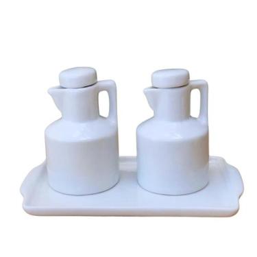 Imagem de Kit 2 Galheteiro 100ml Azeite e Vinagre + Bandeja - Porcelana Branca -