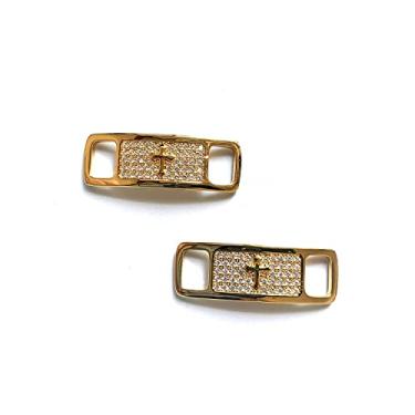 Imagem de ICEDIAMOND Iced Out CZ Diamante Fivela de cadarço, 2 peças de latão banhado a ouro AF1 Elegante Charme Etiqueta de Cadarço, Acessório de Sapatos Snkrs Moda (Cross-Gold)