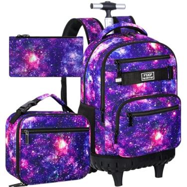 Imagem de UFNDC 3 unidades de mochila com rodinhas para meninas, mochilas de unicórnio com rodas para meninas, mochila de viagem com rodas.., Mochila com rodinhas Galaxy Purple, One Size, Mochila com rodinhas