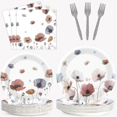 Imagem de 100 peças de pratos e guardanapos de papoula marrom primavera aquarela folhas florais suprimentos de festa descartáveis sazonais de verão decoração lembrancinhas para churrasco, reunião de piquenique,