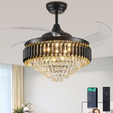 Imagem de Trssdre Ventiladores De Teto Retráteis E Reguláveis De 52 Polegadas Fandelier Com Luz E Controle Remoto, Ventilador De Teto De Lustre De Cristal Para Quarto, Sala De Jantar, Sala De Estar, Preto