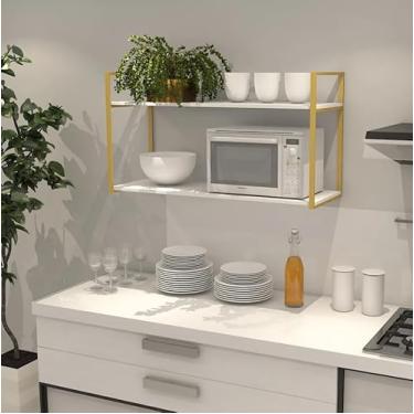 Imagem de Prateleira Industrial Parede ou Suspensa Dourada Aço e Madeira 50x40x80cm (Laca Branca)