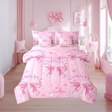 Imagem de Conjunto de edredom com laço rosa, tamanho casal, 7 peças, estilo princesa sonhadora (edredom + lençol de cima + 2 fronhas + 2 fronhas + 2 fronhas de travesseiro)