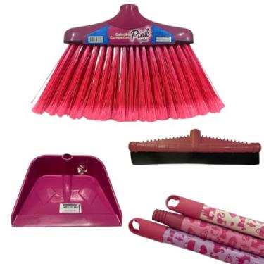 Imagem de Conjunto de Limpeza Pink Plus, 6 Peças, Vassoura Rosa, Rodo, Pá Coletora e Cabo, Rosa