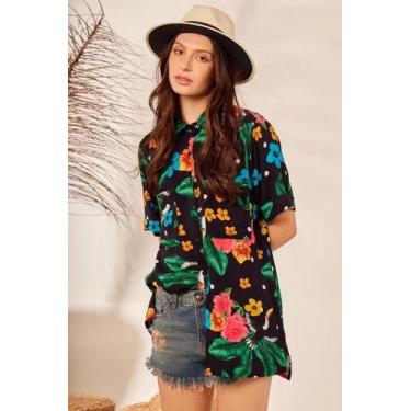 Imagem de Camisa Ampla Com Mangas 3/4 Preta Floral Yacamim A9, P, Estampado