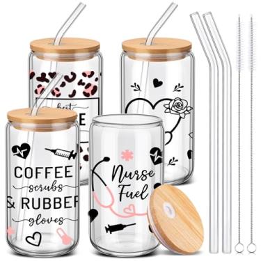 Imagem de SiliFine 4 peças de presentes de Natal para enfermeiras, copos de vidro de 473 ml, com tampa e canudo, copo de café em forma de lata de café para presente de festa de agradecimento de enfermagem de