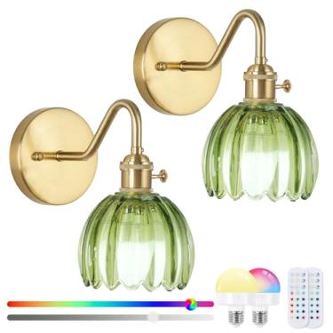 Imagem de Arandela de parede vintage operada por bateria, conjunto de dois arandelas de parede com controle remoto RGB regulável, luzes de parede sem fio recarregáveis com controle remoto para quarto e sala de