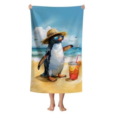 Imagem de WZOMT Toalha de praia de pinguim de microfibra, pinguim fofo com óculos de sol, toalhas de verão para crianças, meninos, meninas, toalha de banho absorvente divertida de secagem rápida para