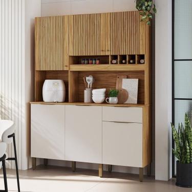 Imagem de Cozinha Compacta com 6 Portas 1 Gaveta e Mini Adega 151,30 Cm 100% Mdf Croácia Espresso Móveis Amêndoa/Off White