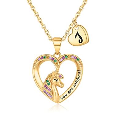 Imagem de Colares de unicórnio para meninas, ouro 14 quilates, ouro branco, banhado a ouro rosa, pingente de coração de zircônia cúbica, colar de unicórnio, joias infantis, colares com letra inicial para meninas adolescentes, presentes de unicórnio para meninas, Zircônia cúbica, Zircônia cúbica