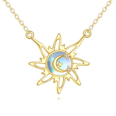 Imagem de KECHO Colar feminino de ouro maciço 14 k sol e lua com pingente de nó celta joia irlandesa presente de aniversário do dia das mães para mães amigas (03 - colar de sol e lua), 18, Ouro amarelo