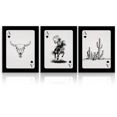 Imagem de FITIE Pôster de arte de parede em tela Western Cow Skull Rodeo Cowboy Cactus Poker, cartaz de baralho preto moderno com moldura ocidental, decoração de parede para apartamento de escritório em casa