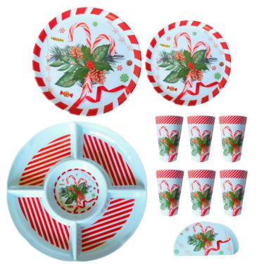 Imagem de Aparelho de Jantar Natalino 20 Peças Pinhas Bengalas Folhas Melamina (Material Sintético)