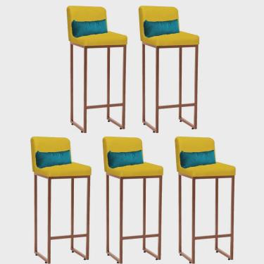 Imagem de Kit 05 Banqueta Alta com Encosto Lucca Industrial Cozinha Balcão Ferro Bronze Suede Amarelo e Almofada Azul Turquesa - Ahz Móveis