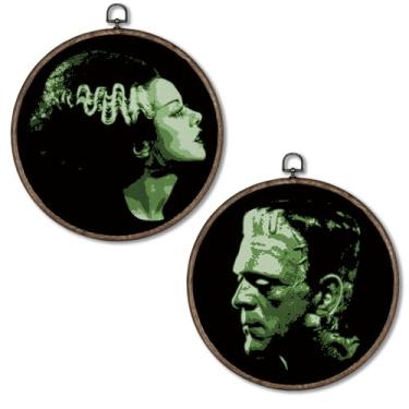 Imagem de Giosve Pôster emoldurado vintage verde Frankenstein and Bride of Frankenstein e noiva de Frankenstein, filme de monstro de terror gótico, esculturas de parede penduradas para decoração de casa, bar