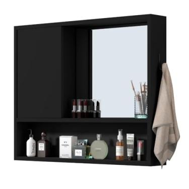 Imagem de Espelheira Armário Gabinete Penteadeira para Pia Banheiro com 1 Porta Nicho Prateleira(Preto)