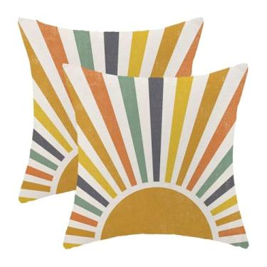 Imagem de AEIOAE Conjunto de 2 capas de almofada de sol de verão 45,7 x 45,7 cm, listras amarelas, sol, arco-íris, sol, decoração ao ar livre, para sofá, sala de estar