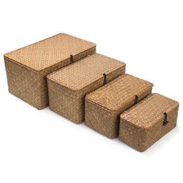 Imagem de Cesta de vime com tampa, cesta de armazenamento de algas marinhas, cestas de tecido para armazenamento, cestas decorativas para organização de prateleiras, natural