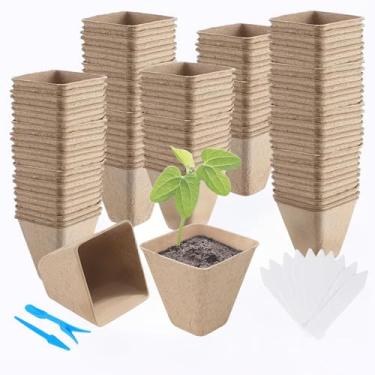 Imagem de Loongesho 120 pacotes de vasos quadrados para iniciantes, kit de vasos de plantas biodegradáveis de 8 cm para iniciador de sementes de berçário de jardim, vaso de germinação de plantas com 100