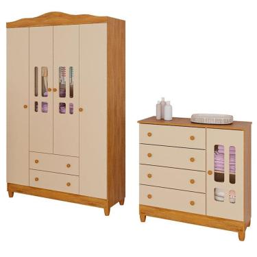 Imagem de Cômoda e Guarda Roupa Infantil Ariel 4 Portas Off White Bétula– Carolina Baby