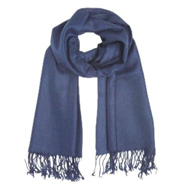 Imagem de Cachecol Echarpe Pashmina Xale Feminino Liso Leve Longo Macio Estiloso Confortável Moda Outono Inverno Frio Franja (Azul Marinho)