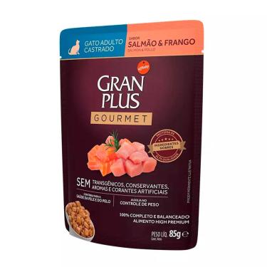 Imagem de Ração Úmida Gran Plus Sachê Gatos Gourmet Castrados Salmão e Frango 85g