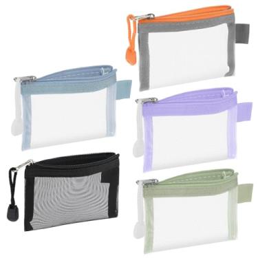 Imagem de Ptwola 5 mini bolsas de malha com zíper, porta-moedas, porta-chaves, bolsa transparente para viagem, itens pequenos, organizador de cosméticos para escritório, organização doméstica, batom, cartão de